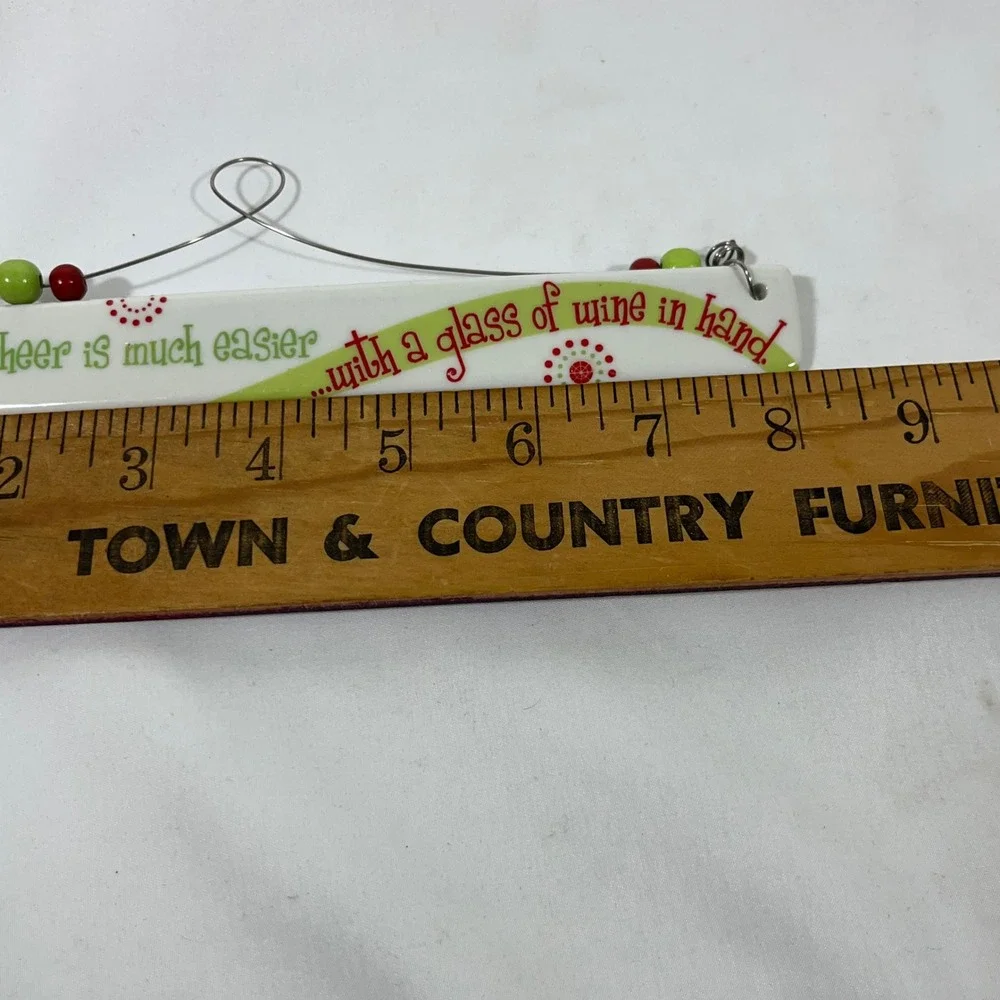 Holiday Cheer Wine Hand‎ Ceramic Ornament Red Green Beads Metal Hanger 8x1